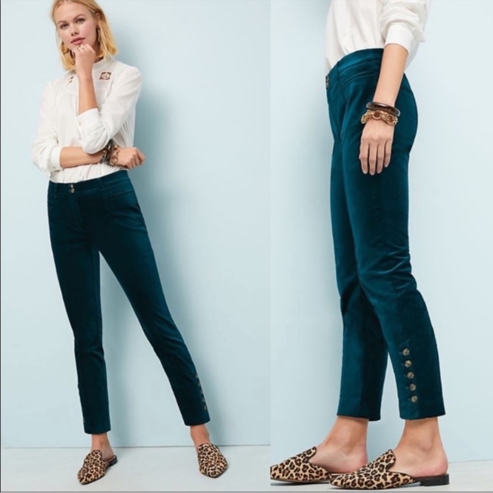 Anthropologie The Essential Velvet Slim Trouser Pant 2 Emerald Green Teal Velour